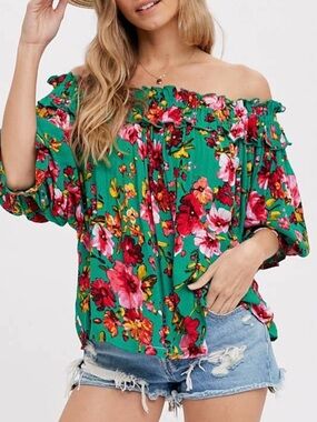Bluivy Teal Floral Off-Shoulder Ruffle Tunic